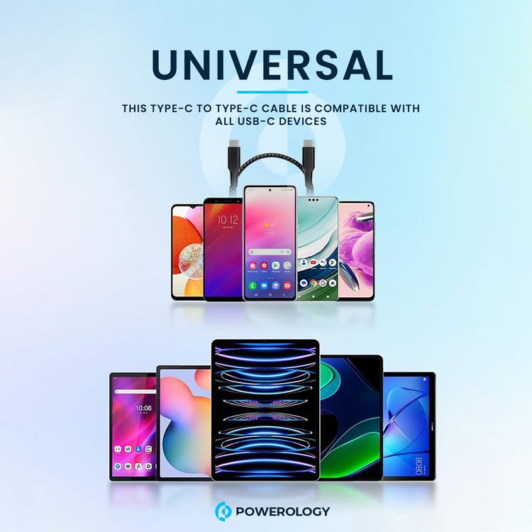 Powerology Braided USB-C to USB-C with 60W Power Delivery, 30cm Cable Length, Universal Compatibility, Fast Charge & Data Transfer - Black