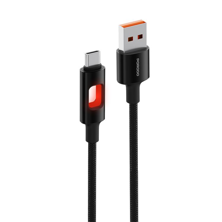 Porodo LED Braided USB-A to USB-C Cable with 12W Power Delivery, 1.2m Cable Length, Tangle-Free Design, High-Speed Data Transfer, Fast Charging Speed, Superior Durability - Black