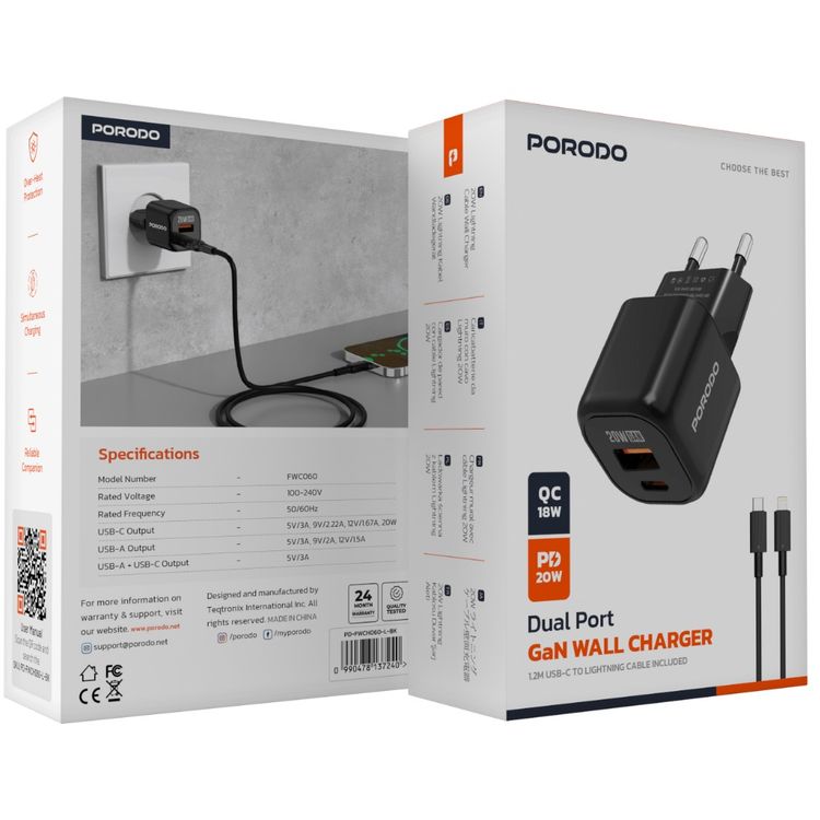 Porodo Dual-Port Wall Charger with 20W Power Delivery, EU Plug, QC 18W, Simultaneous Charging, Overheat Protection, USB-C & USB-A Outputs - Black