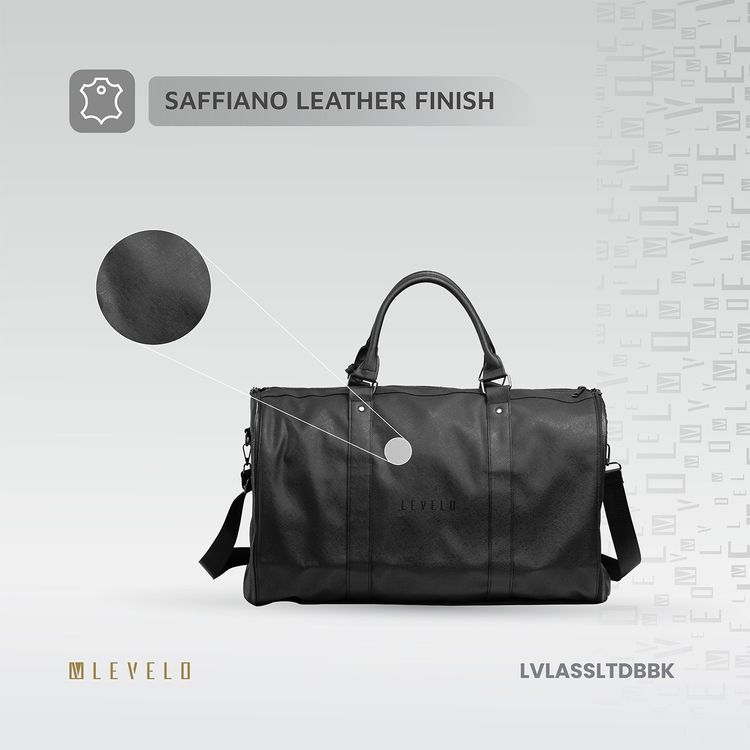 Levelo Allinstyle Saffiano Leather Travel Duffle Bag, 40L Spacious Interior, Comfortable Portability, Water Resistant, Exquisite Safeguarding - Black
