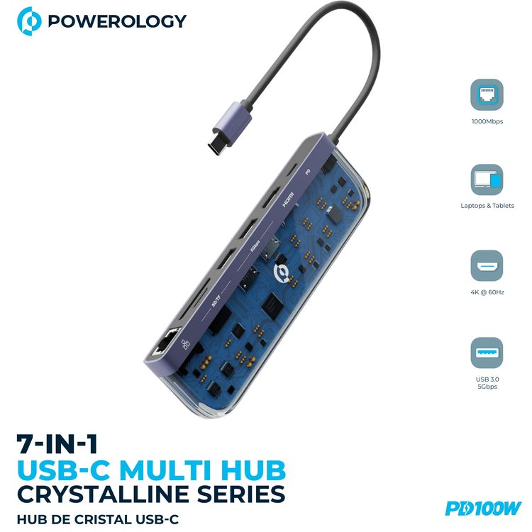 Powerology Universal 7-in-1 USB-C Multi Hub بتصميم شفاف