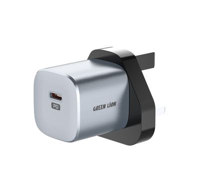 Green Lion Premium UK Plug Wall Charger with 20W Power Delivery, Multiple Protection, PC Flame Retardant Material, Fats Charging - Gray