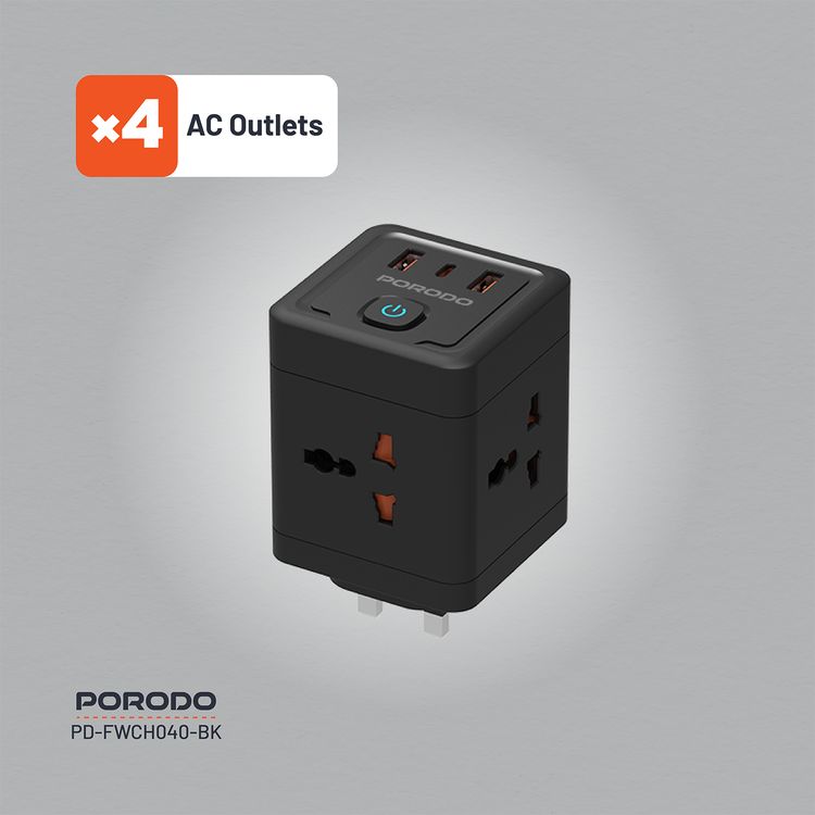 Porodo 4-AC Universal Power Block Adapter with USB-C & Dual USB-A Ports, Fast Charge, 20W Power Delivery, Built-in Safeguards, Simultaneous Charging, 2500W Rated Power - Black