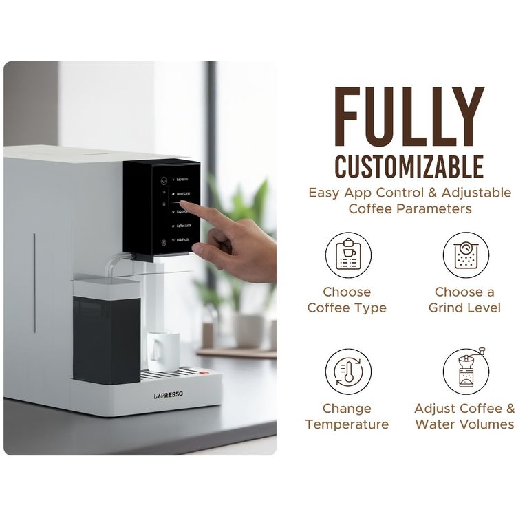 LePresso Automatic Coffee Machine with Mobile Application, 1200mL Water Tank & 300mL Milk Tank Capacity, 1480W Rated Power, Adjustable Grinder, Dual-Boiler, 4.3" Digital Display - White