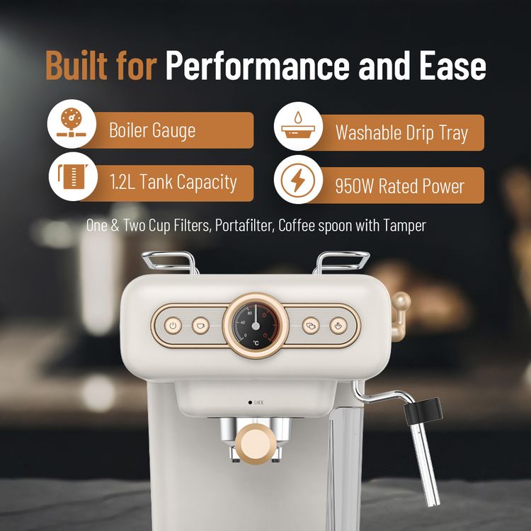 LePresso Coffee Machine with 1.2L Water Tank Capacity, 950W Rated Power, 15 Bars Pump Pressure, Washable Drip Tray, Steam Control - Black