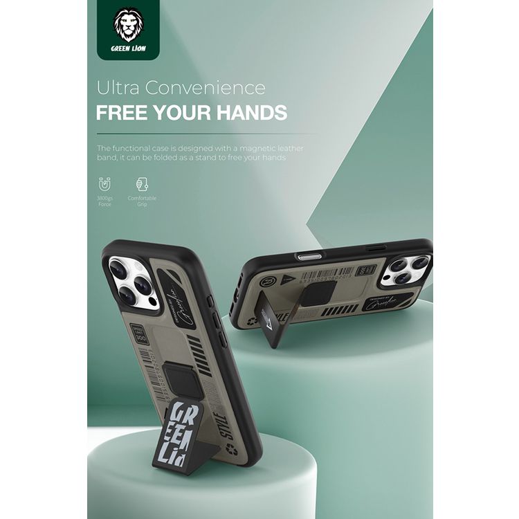 Green Lion Grip Pro MagSafe Case for iPhone 16 Pro Max, Foldable Leather Grip, 3800gs Force, Drop Protection & Shock Absorption, Anti Scratch - Titanium