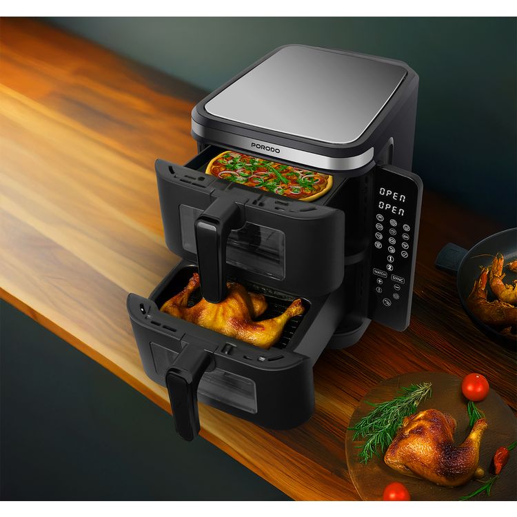 Porodo Lifestyle Double Stack Air Fryer, 11L Capacity, 2800W Power, 220-240V Voltage, 50-60Hz Frequency, 12 Presets, Touch Control - Black