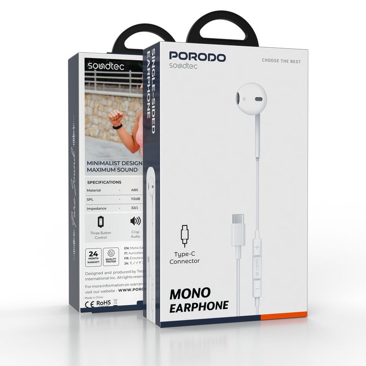 Porodo Soundtec Mono Earphone with Type-C Connector, 3-Button Controls, High-Clarity Microphone, 120 cm Cable Length - White
