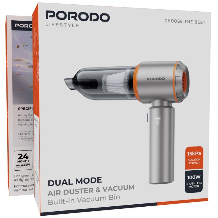 Porodo Lifestyle Dual Mode Air Duster & Vacuum, 3 Speed Level, 15kPa Suction Power, Washable HEPA Filer, 2000mAh Battery Capacity, 200 mL Vacuum Bin, Type-C Charging Port, 100W Brushless Motor - Black