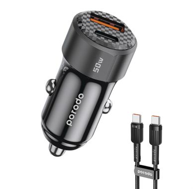 Porodo 50W Dual Port Car Charger with USB-C to USB-C Cable, 50W Total Output, Simultaneous Charging, Portable, 1m Cable Length - Black
