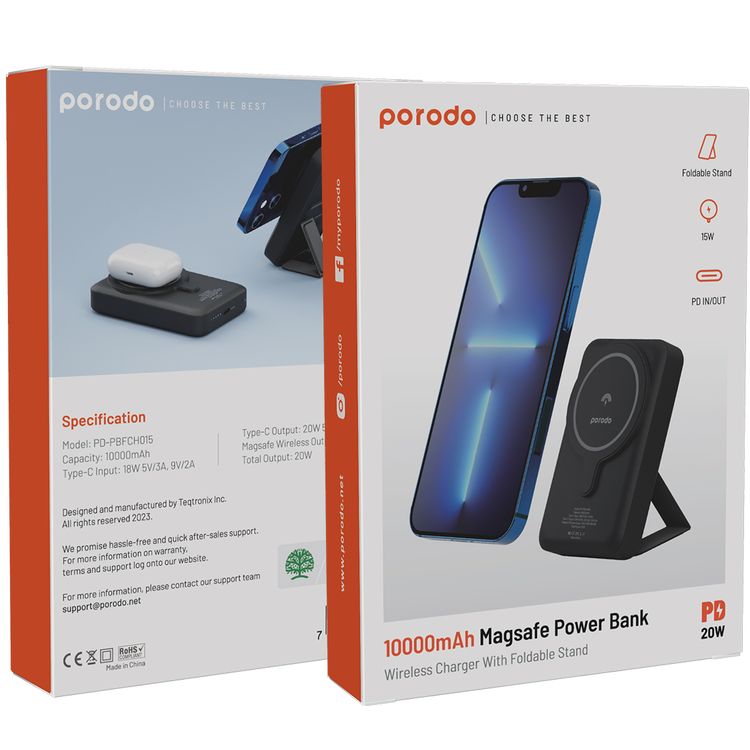 Porodo 10000mAh MagSafe Power Bank with Built-in Foldable Stand, 15W Maximum Wireless Output, 20W Power Delivery, Fast Charging Support, 18W Type-C Input - Black