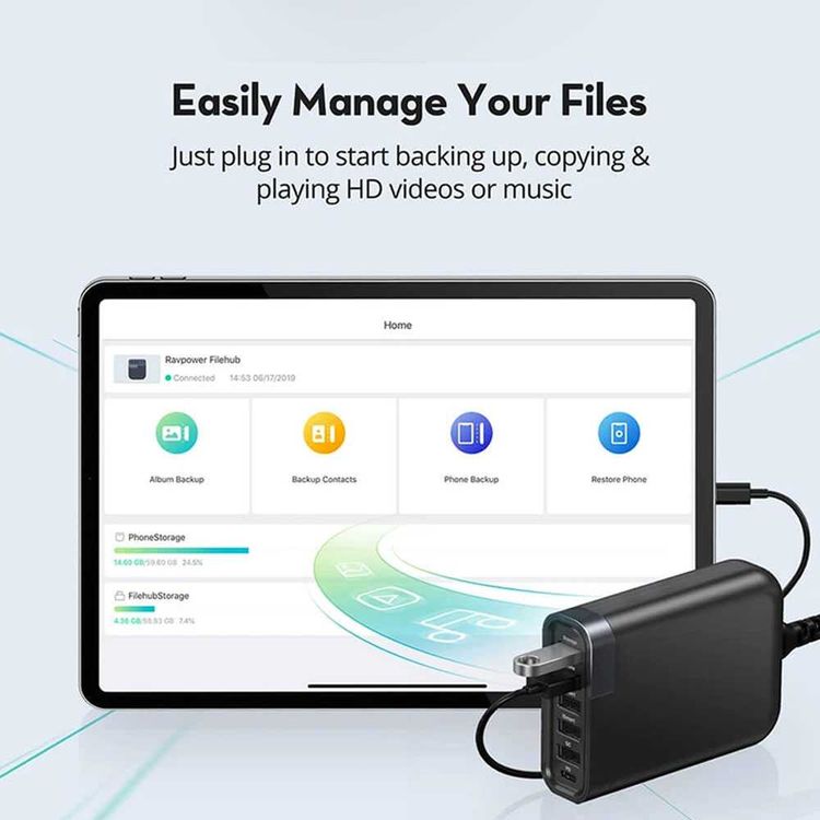 RAVPower 6-Port USB Charger Filehub 60W QC 3.0 with USB-C 24W PD Fast Charging - Backup Function - iSmart Port - USB Charging Station Filehub Compatible for Phone & Tablet - Black