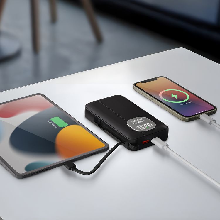 Porodo 20000mAh Power Bank with Retractable & Detachable Type-C Cables, 45W Power Delivery, 22.5W QC Output, LED Power Info Display, Multi-Device Charging - Black