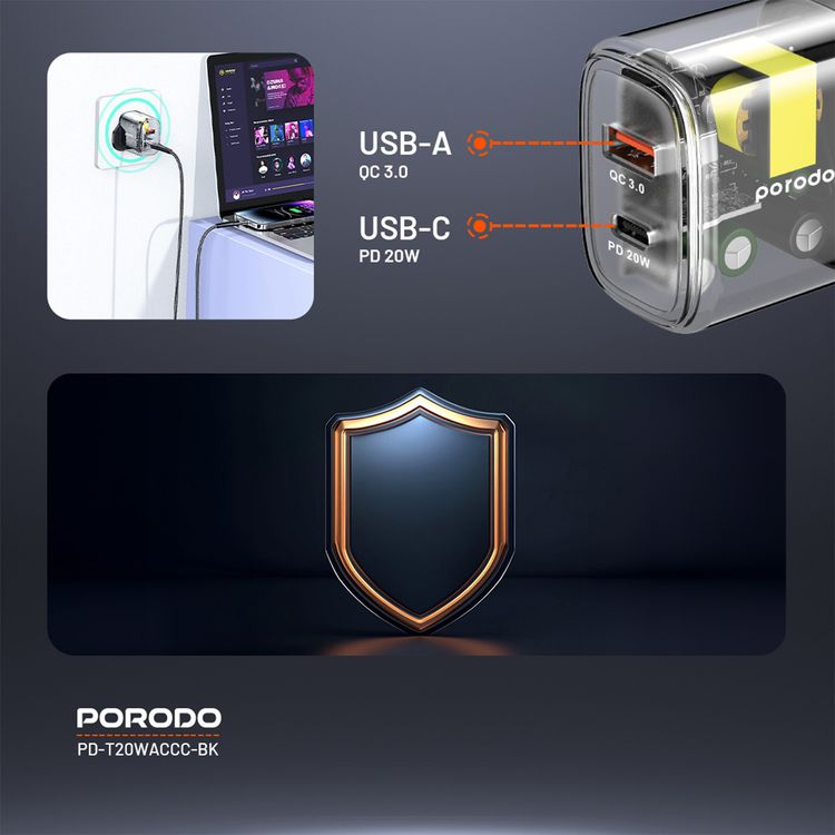 Porodo Dual Output Transparent Quick Charger with USB-C to USB-C Cable, 20W Power Delivery, Simultaneous Charging, 18W USB-A Output, 0%-60% Charge in 35 Minutes, Overheat Protection - Black