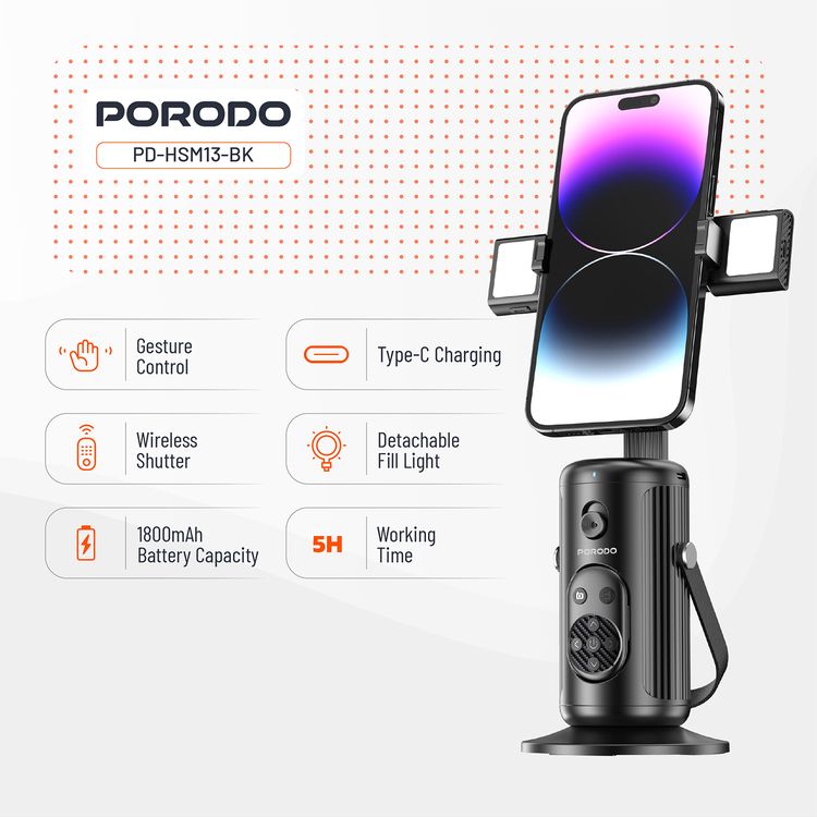 Porodo Face Tracking Smart Mount with Wireless Shutter, Detachable Fill Light, Gesture Control, Lightweight Design, 1800 mAh Battery - Black