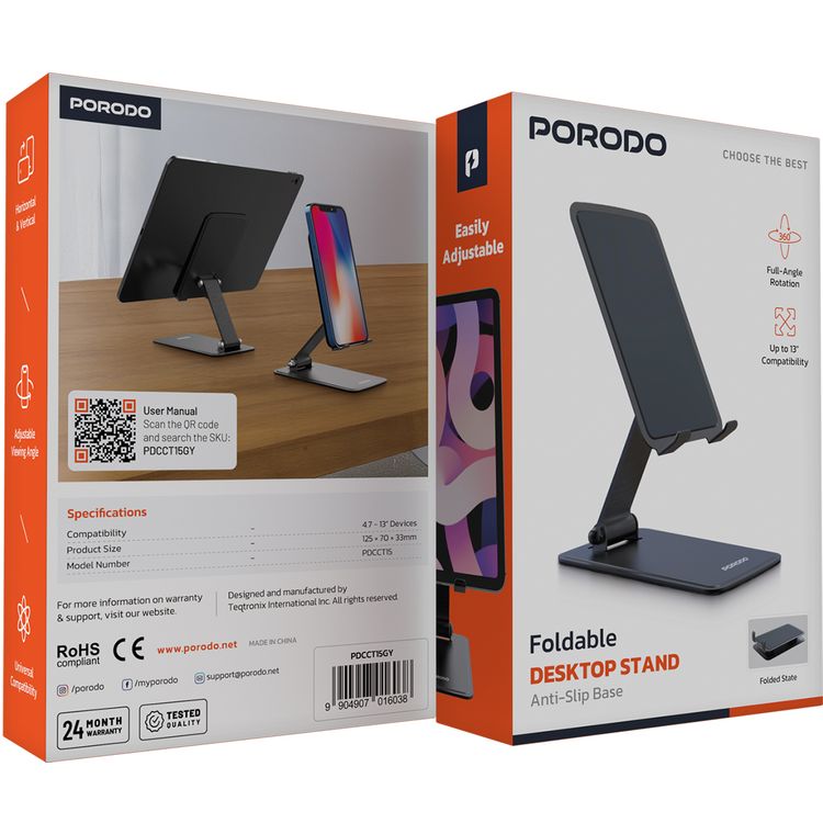 حامل سطح مكتب قابل للطي من بورودو مع قاعدة مضادة للانزلاق، دوران 360 درجة، متوافق مع الأجهزة بمقاس من 4.7 إلى 13 بوصة، زاوية رؤية قابلة للتعديل، أفقي ورأسي، متوافق عالميًا - رمادي