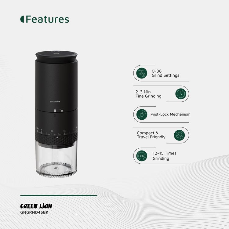 Green Lion Grind Pro Coffee Grinder with Digital Display, Type-C Charging, Touch Control, 12-15 Times Grinding, 25g Bean Holder, Compact & Travel-Friendly, Ceramic Grinding Core - Black