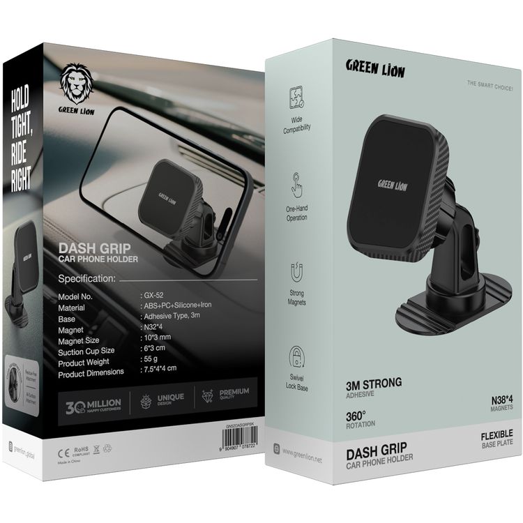 Green Lion Dash Grip Car Phone Holder with Cable Management Hook, 3M Strong Adhesive, One-Hand Operation, Residue-Free Attachment - Black