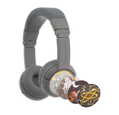 سماعات رأس BuddyPhones Play+ للأطفال مع اتصال سلكي ولاسلكي، تصميم قابل للطي، حجم عصابة رأس قابل للتعديل، ميكروفون مدمج، عمر بطارية 20 ساعة - رمادي جوهري