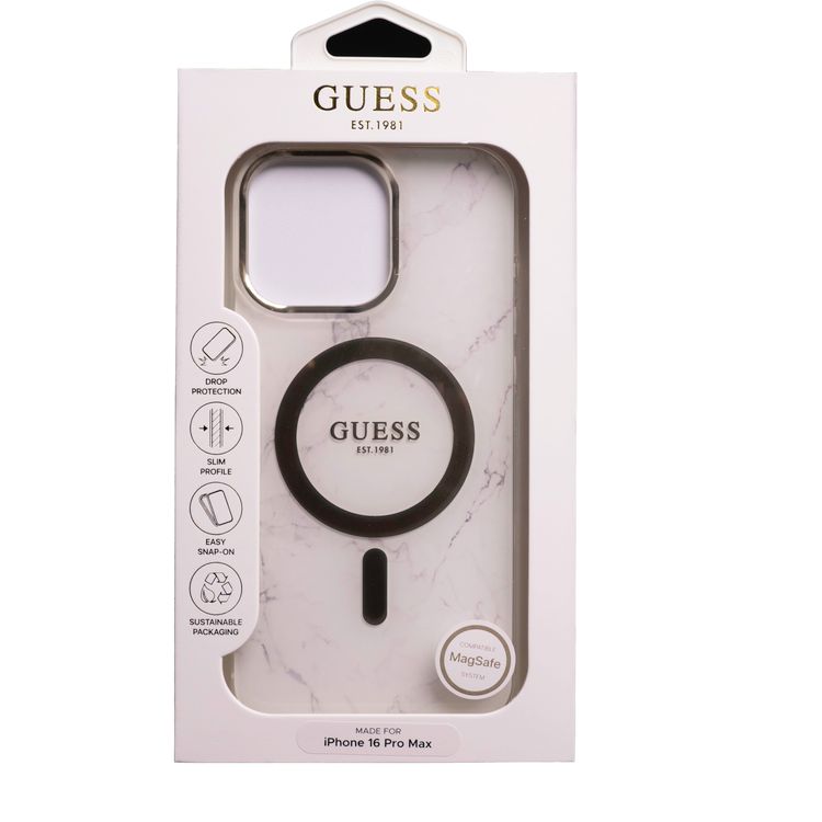 Guess Magsafe IML Hard Case with Marble Design for iPhone 16 Pro, Comfortable Grip, Easy Snap-On, Precise Port Cutouts - White