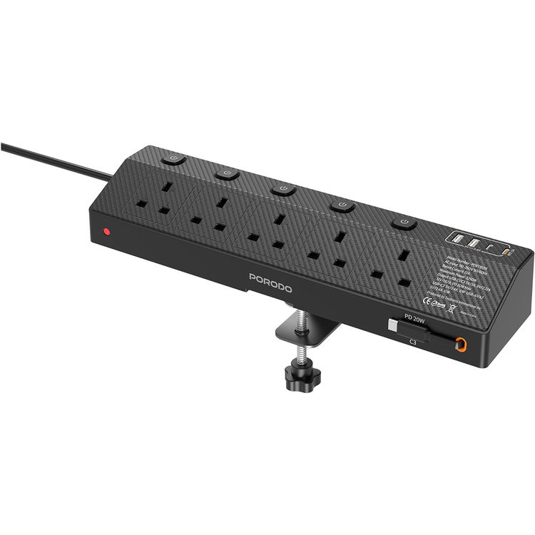 Porodo Voltguard Multiple Ports Power Socket with 80cm Retractable Type-C Cable, PD 20W, UK Plug,   5 AC Sockets, USB-A & USB-C Ports, Built-in Clamp - Black