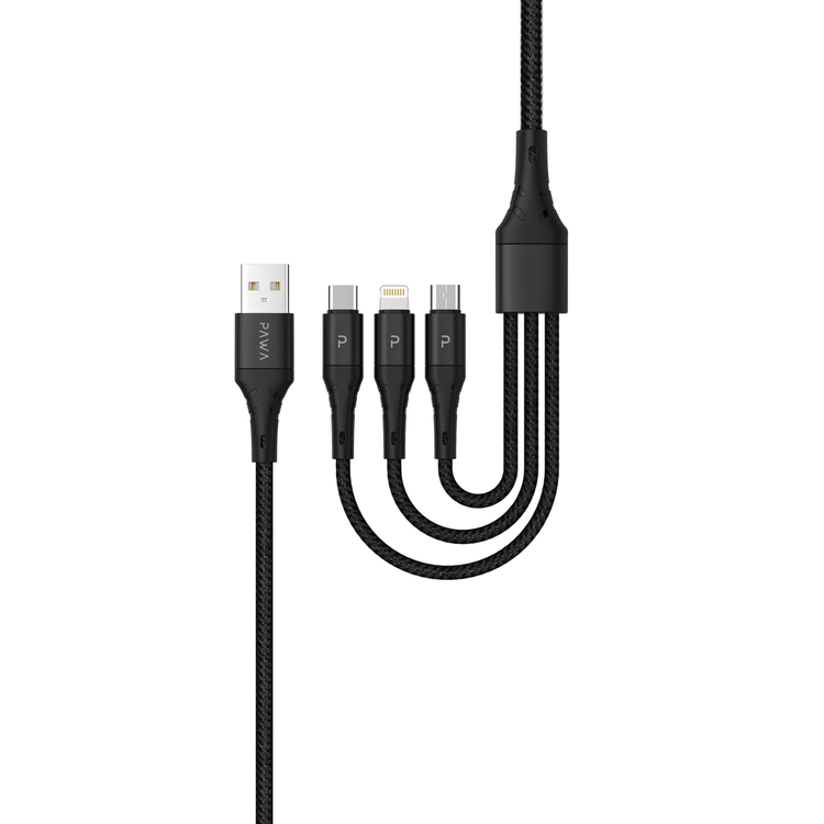 Pawa Nylon Braided 2.4A Data & Quick Charging 3in1 Cable 1.2m/4ft - Black