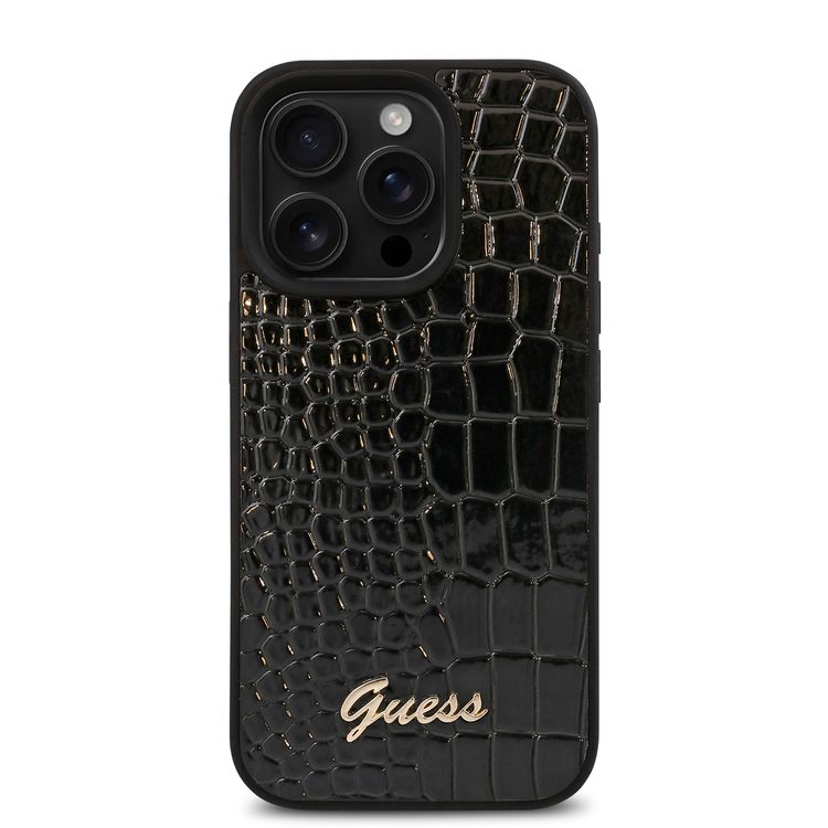 Guess PU Croco Hard Case with Script Logo for iPhone 16 Pro Max, Lightweight, High-Quality Material, Easy Snap-on - Black