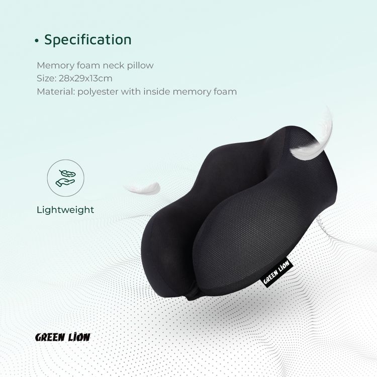 Green Lion Memory Foam Neck Pillow with Polyester Material, Upgraded Design, Lightweight, Breathable, Suitable for Daily Commute - Black