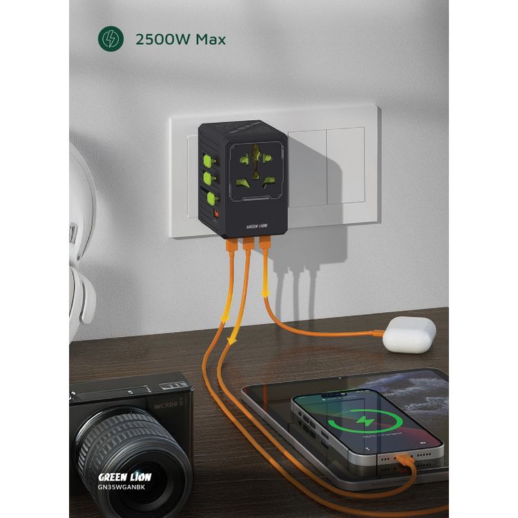 Green Lion GaN Adapter 6-in-1 & 2-in-2 Cable, PC Flame Retardant & Copper Material, PD 35W Fast Charging, Universal AC Sockets - Black