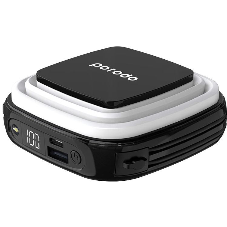 Porodo Outdoor Night Light 10000mAh PowerBank with Integrated Lightning & Type-C Cables, 7 Hours Charging Time, Integrated LED Light, Digital Display & Built-in phone holder  - Black