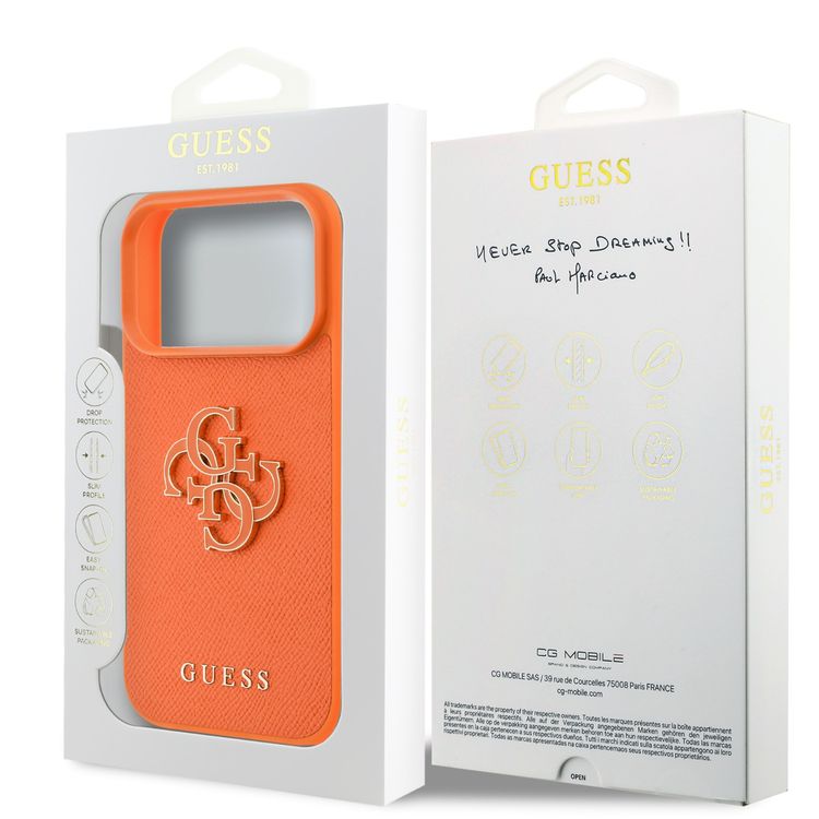 غطاء Guess MagSafe من الجلد Saffiano مع شعار 4G Resin لهاتف iPhone 17 Pro Max، بملف نحيف، قبضة مريحة، حماية من السقوط، خفيف الوزن - برتقالي