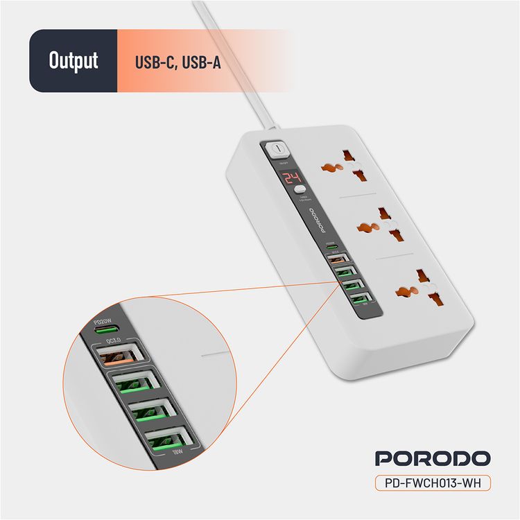 Porodo Multi-Port Power HUB Ultimate Home & Office Kit with 4 USB-A & 1 USB-C, 2m Cable Length, Built-in Safeguard, Over-Heat Protection, LED Display - White