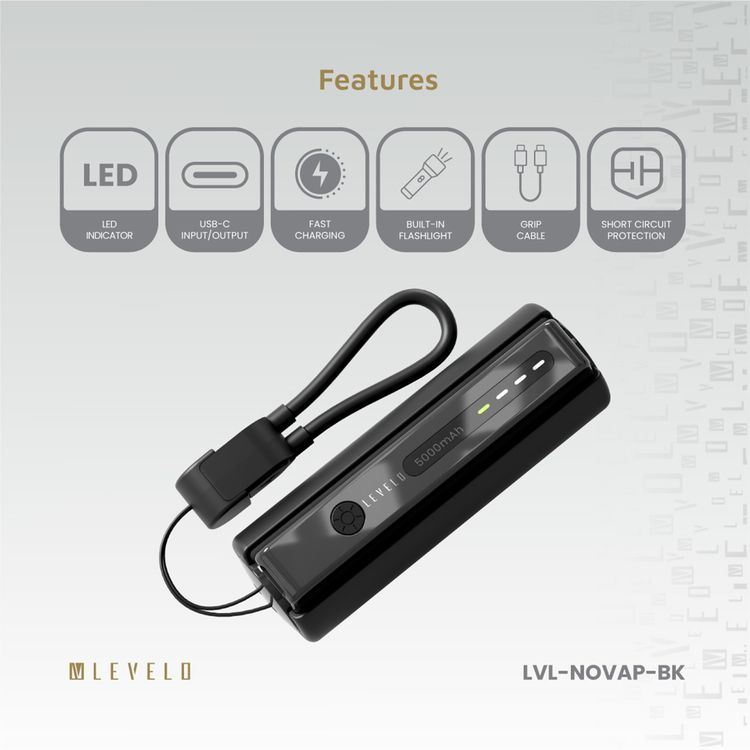 Levelo Nova Pro 5000mAh Power Bank with Flashlight, ABS & PC Material, USB-C Input & Output, Fast Charge Support, LED Indicator, Portable Design- Black
