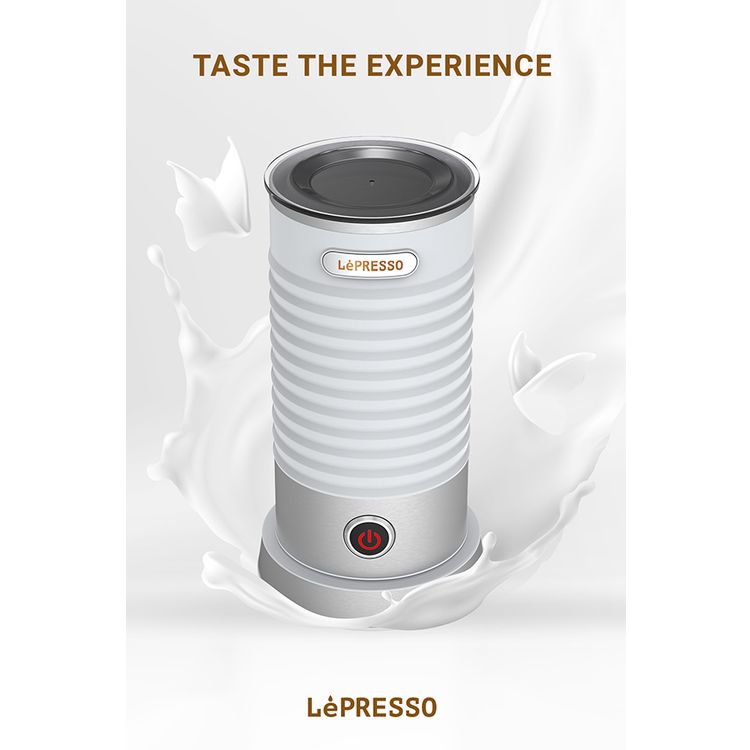 LePresso Hot & Cold Milk Frother, Portable & Lightweight Design, 110mL Frothing Capacity, 200mL Regular Heating Capacity, Safe & Reliable, One-Touch Operation, Non-Stick Material - White