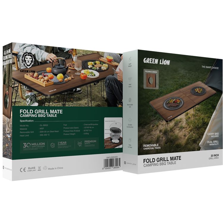 Green Lion Fold Grill Mate Camping BBQ Table with Heat Vents, Removable Grills, Charcoal/Briquettes Fuel, 300–400°C Heat Limit, Durable Construction, Easy to Clean, Foldable Design, Removable Charcoal Tray, Lightweight - Wood 