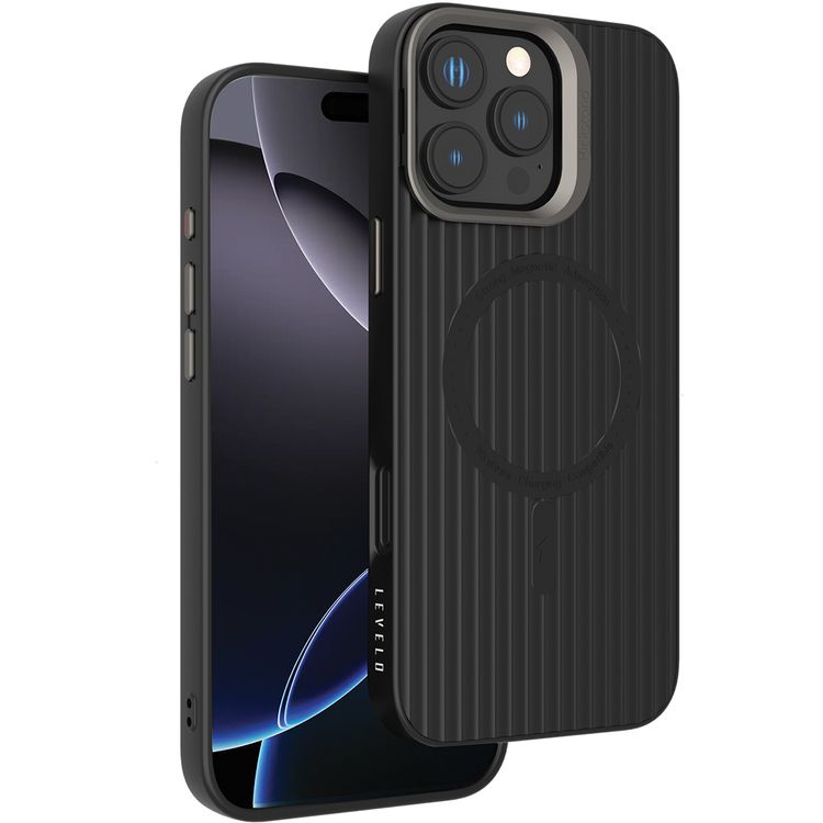 Levelo Livia Case for iPhone 16 Pro Max with MagSafe Compatibility, Impact-Resistant Corners, Built-in Kickstand, TPU with Silicone Surface, Metal Camera Ring - Black