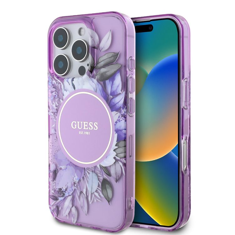 Guess Magsafe IML Transparent Hard Case with Flower Design & Tonal Circle Logo for iPhone 16 Pro, Lightweight, High Quality Material - Purple