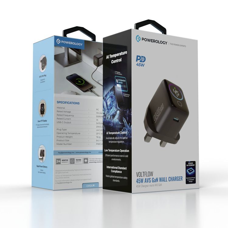 Powerology Voltflow 45W AVS GaN Wall Charger with Smart TFT Display, UK 3-Pin Plug, Rapid Power Delivery, AI Temperature Control, 110-240V Rated Voltage, 1A Rated Current, UK 3-Pin Plug,  25°C to 50°C  Operating Temperature - Gray