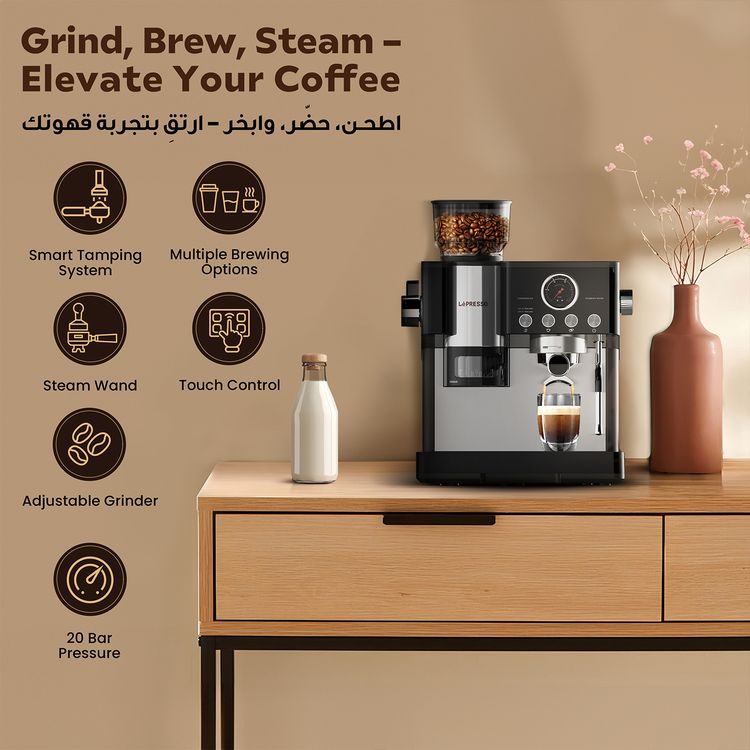 LePresso Maestro Semi-Automatic Coffee Machine with Coffee Grinder, Built-in Pressure Gauge, 2300W Rated Power, 2.8L Water Tank Capacity, 20 Bar Pump Pressure, 250g Bean Hopper Capacity, 220-240V Rated Voltage, 50/60Hz Rated Frequency, Intuitive Control Panel, Automated Tamping - Black