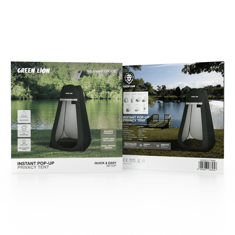 Green Lion Instant Pop-Up Privacy Tent with Ventilation Windows, UV Protection, Waterproof Design, Windproof Ropes, Shower Friendly, Storage Pocket, Easy Assembly - Black 