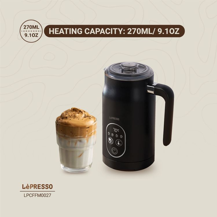 LePresso Four Froth Milk Frother, 270mL Heating Capacity, 140mL Frothing Capacity, 3-Pin UK Plug, Temperature Control - Black