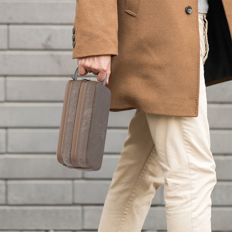 Green Lion Tirana Travel Pouch with Leather Strip & Durable Zippers, Multiple Compartments, PU Leather Material & Flannelette Inner Material, Ergonomic Design & Fit for Accessories - Brown