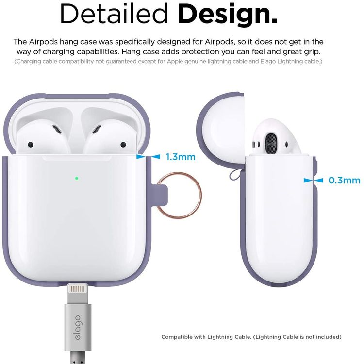 Elago Silicone Case with Anti-Lost Keychain Compatible with Apple AirPods 1/2 Wireless Charging Case, Front LED Visible, Anti-Slip Coating Inside, Premium Silicone - Lavender Gray