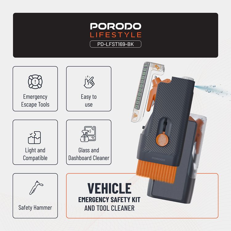Porodo Lifestyle Vehicle Emergency Safety Kit with Tool Cleaners, ABS Material, Lightweight & Portable, Safety Hammer Included, Easy to Use, Glass & Dashboard Cleaner Supplied - Black