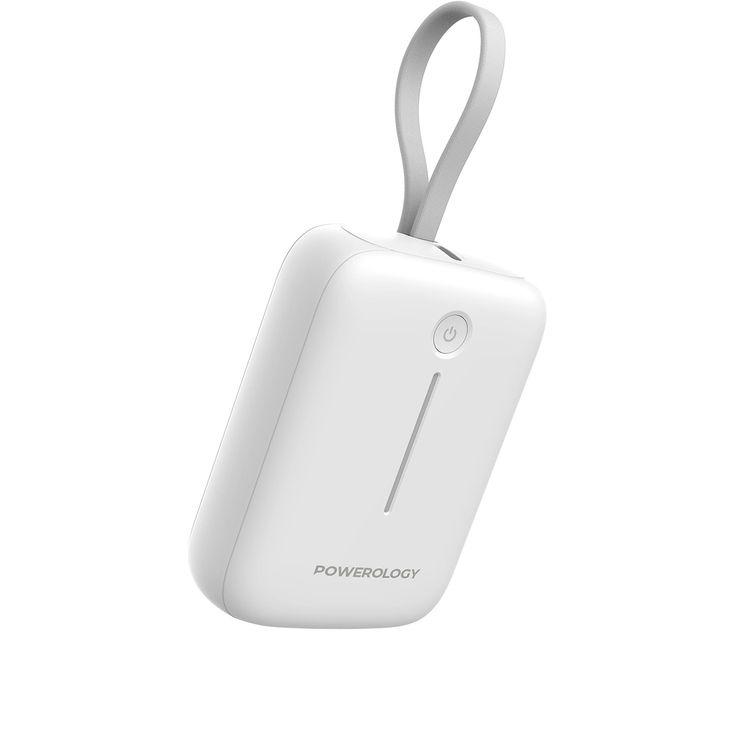 Powerology 10000mAh Power Bank with Detachable USB-C Wire, 20W Power Delivery, 3-Device Charging, Long Time Standby, Universal Phone Compatibility, Built-in Safeguards - White