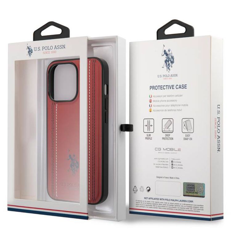 USPA PU Leather Case with Stitched Lines Double Line & Horse Logo iPhone 14 Pro Max Compatibility - Red
