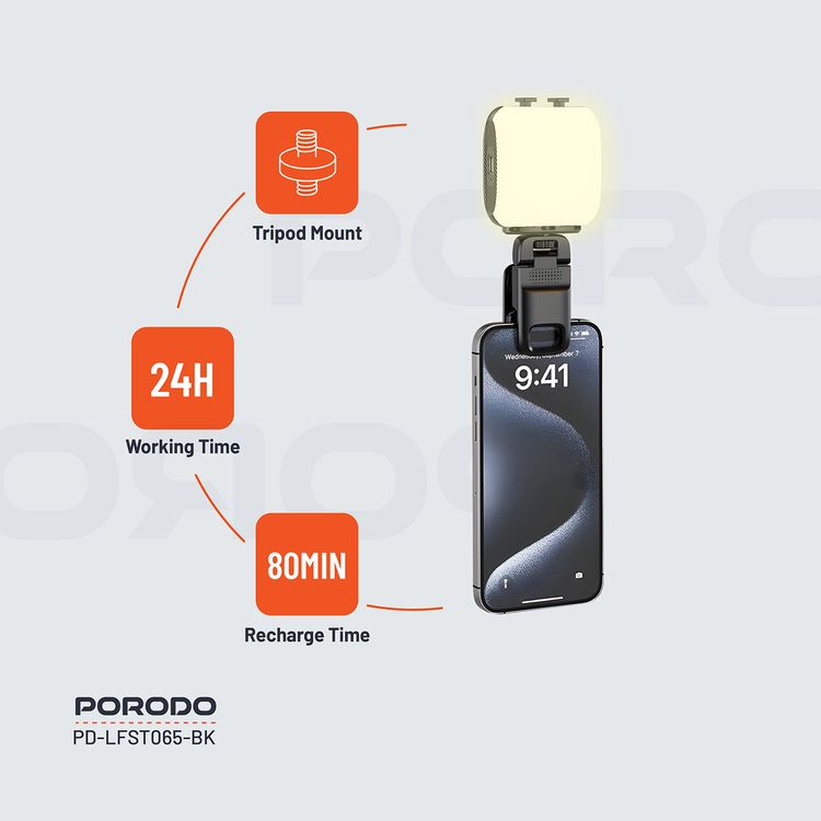 Porodo Lifestyle Clip-On Fill Light with 3 Color Temperatures, 1000mAh Battery Capacity, Up to 24 Hours Working Time, 3 RGB Lights, Wide Compatibility, 4W Power - Black