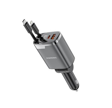 Porodo 45W Car Charger with Foldable Design, LED Voltage Display, 111W Maximum Output, Simultaneous Charging, Fast Charge Support, QC 36W, PD 45W, 80cm Type-C & Lightning Retractable Cables - Black