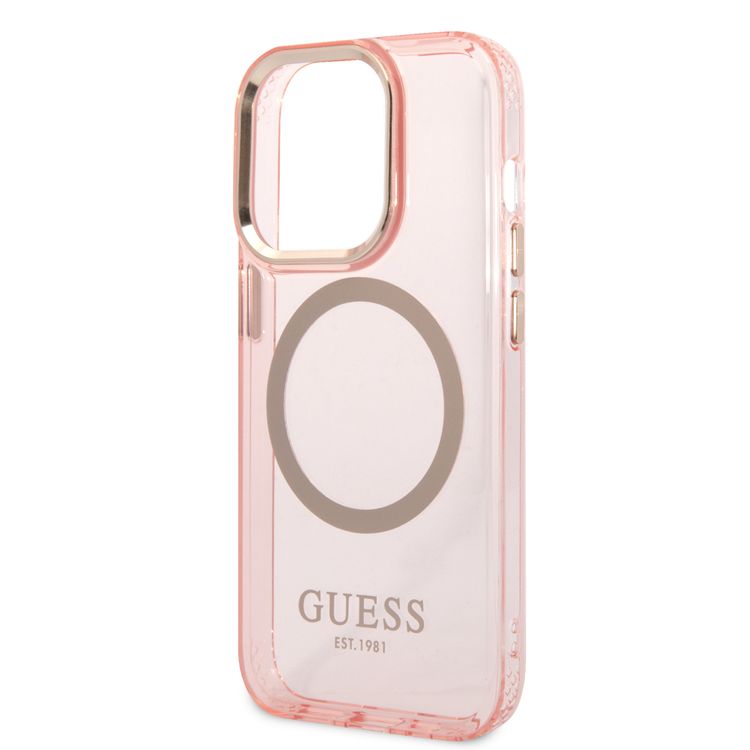Guess Magsafe Case With Translucent Gold Outline - iPhone 14 Pro Max - Pink