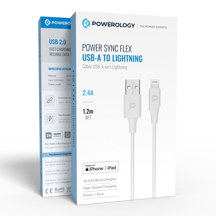 كيبل باورولوجي باور سينك فليكس من USB-A إلى Lightning بطول 1.2 متر، عمر افتراضي يصل إلى 10000 انحناء، شحن سريع ونقل بيانات، مادة TPE مصبوبة، سرعة نقل بيانات تصل إلى 480 ميجابت في الثانية - أبيض